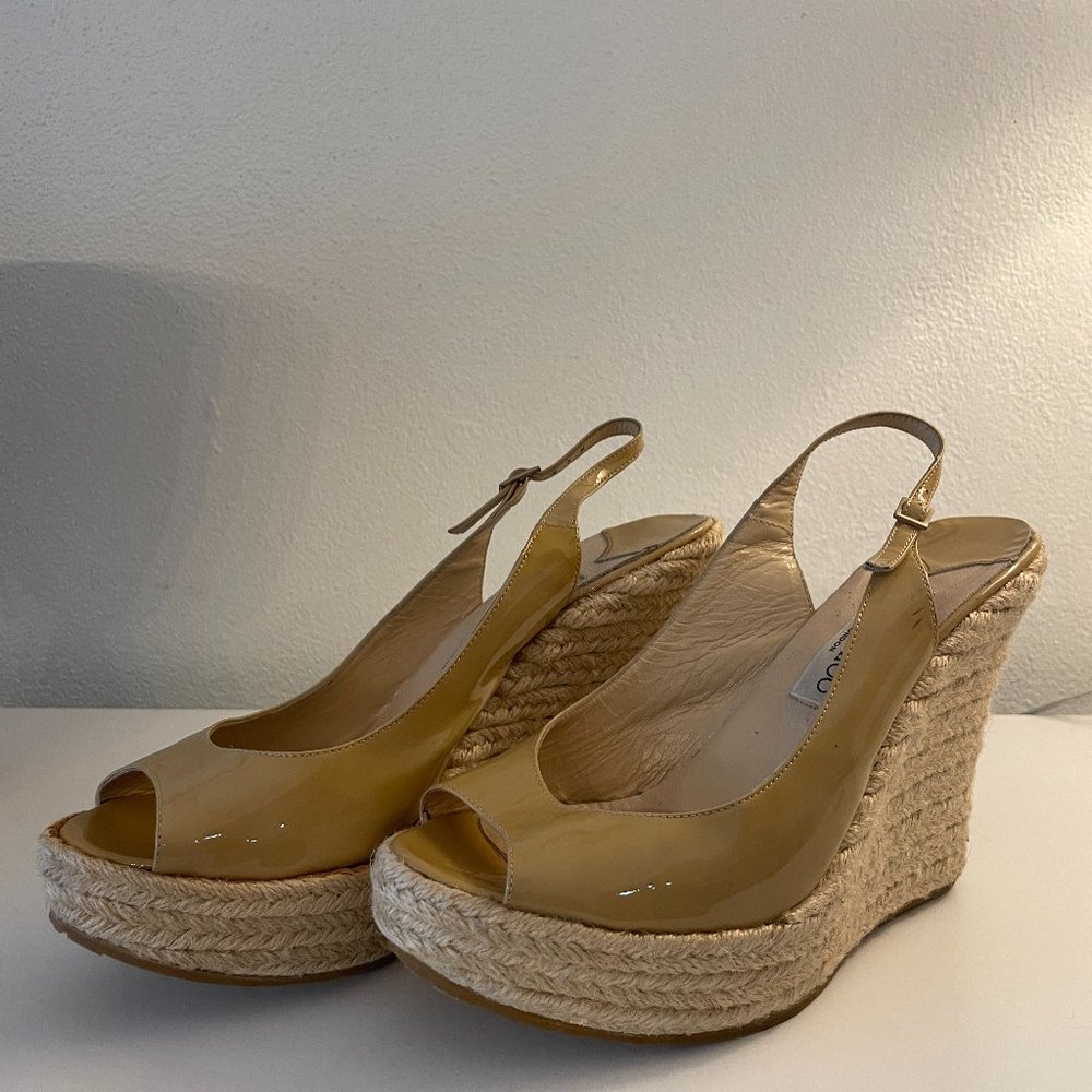 Jimmy Choo tan nude espadrille wedge sandals sz EU 41